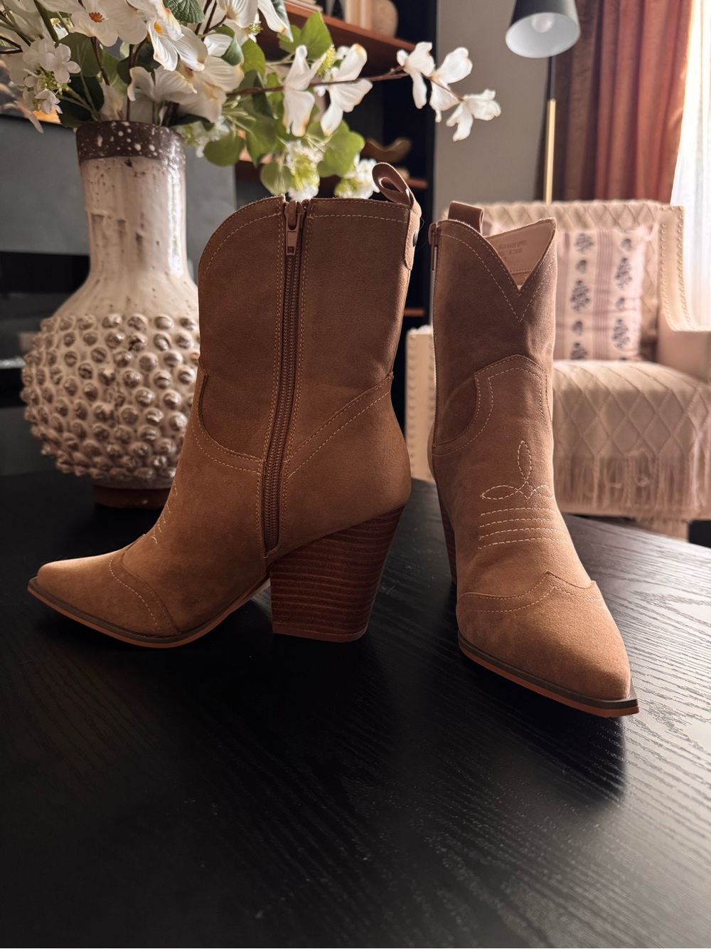 Suede Western Ankle Boots in Tan